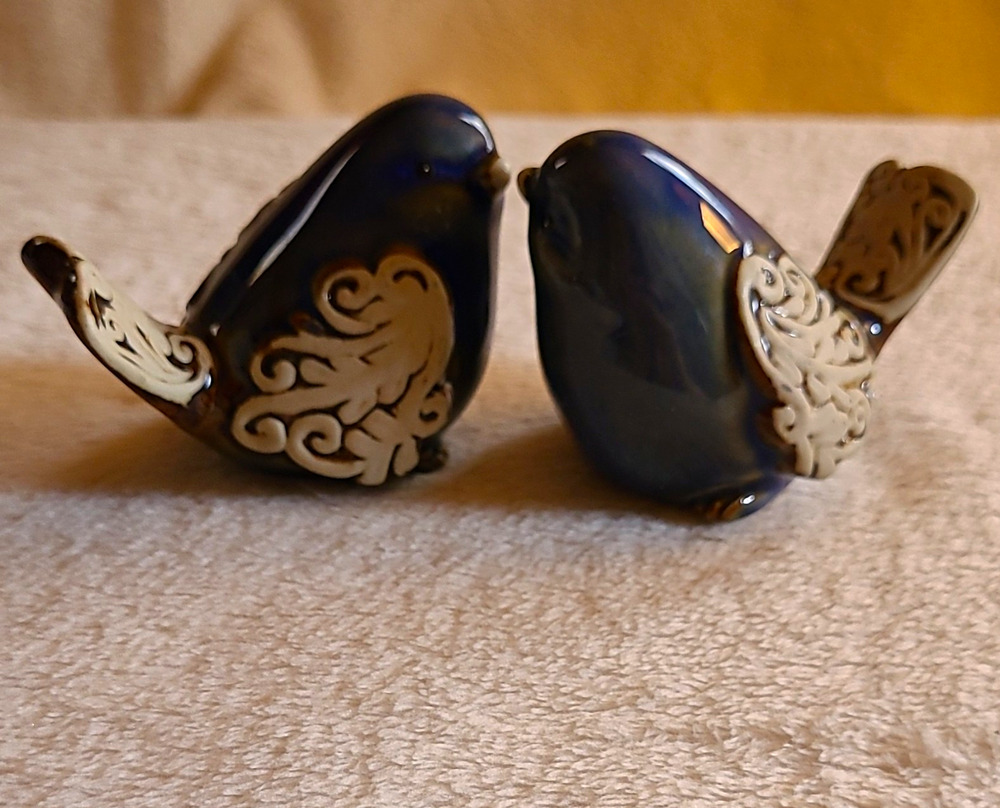 Pair of Ceramic Bird Figurines Cobalt Blue & Cream Ornate Glazed Pottery Decor